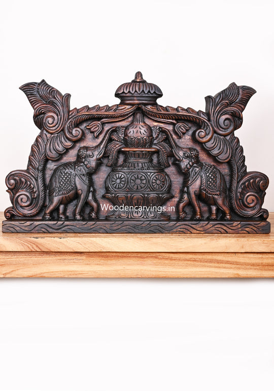 Dark Brown Finishing Kumba Kalasam With Paired Elephants Wooden Entrance Decoration panel 24.5"