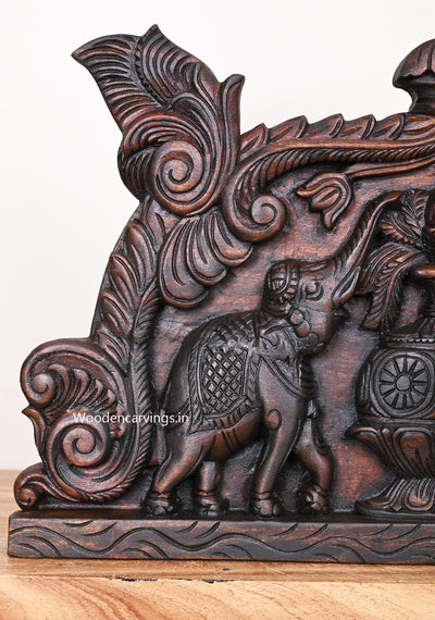 Dark Brown Finishing Kumba Kalasam With Paired Elephants Wooden Entrance Decoration panel 24.5"