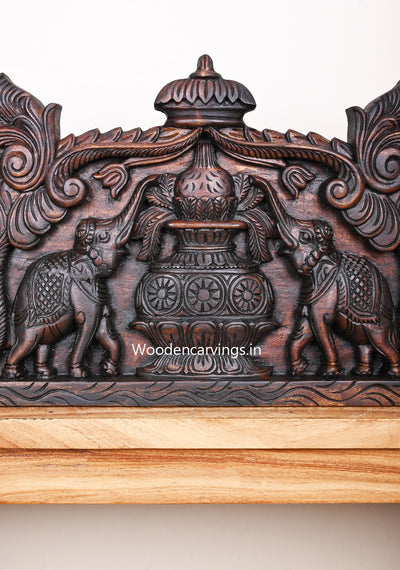 Dark Brown Finishing Kumba Kalasam With Paired Elephants Wooden Entrance Decoration panel 24.5"