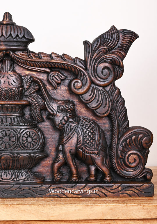 Dark Brown Finishing Kumba Kalasam With Paired Elephants Wooden Entrance Decoration panel 24.5"