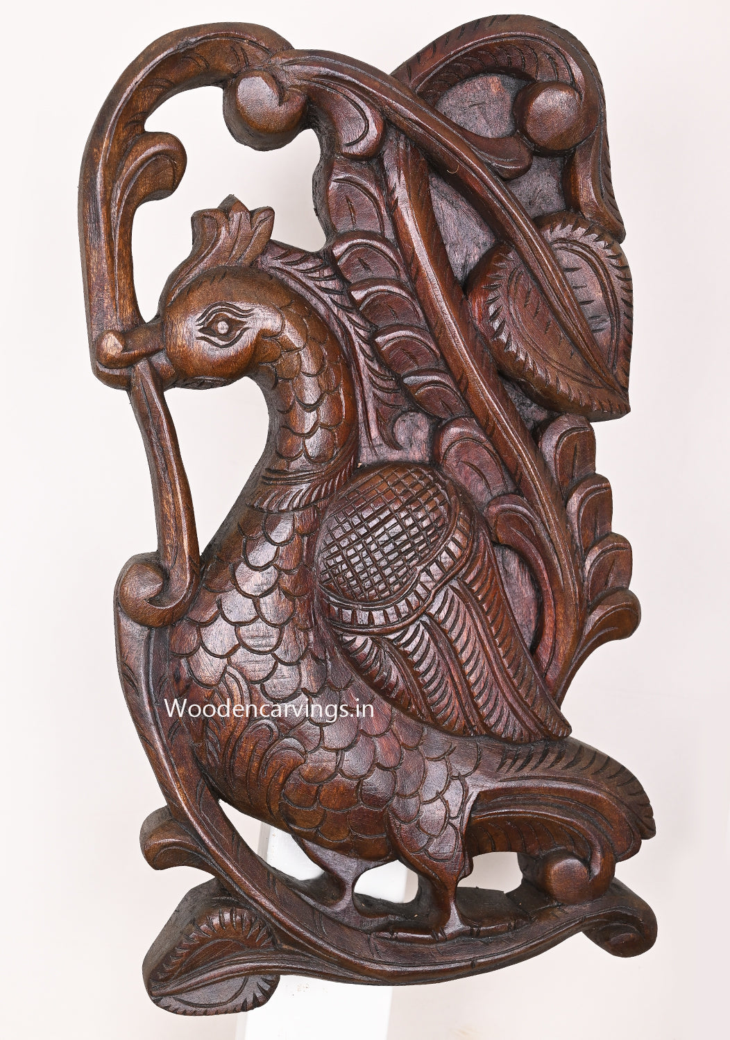 Decoration Purpose Peacock Standing on Floral Leaf Design Art Work Wooden Wax Brown Wall Mount 18"