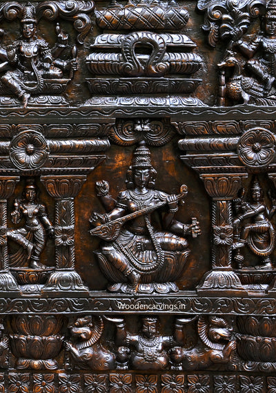 Horizontal High Quality Frame Rectangle Shape Lord Ganesh, Goddess Lakshmi and Saraswathi Polished Panel 80"