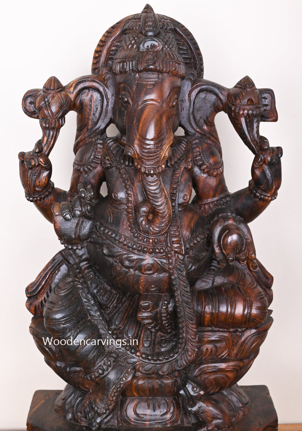 Idol of Mushak Ganapathy on Petal Lotus Flower Dark Brown Finishing Showpiece Sculpture 24"