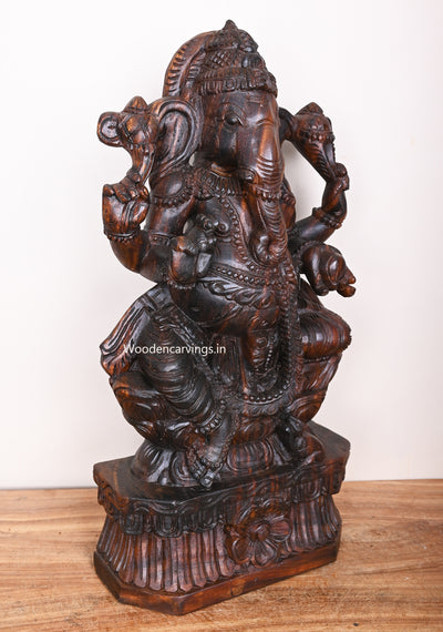 Idol of Mushak Ganapathy on Petal Lotus Flower Dark Brown Finishing Showpiece Sculpture 24"