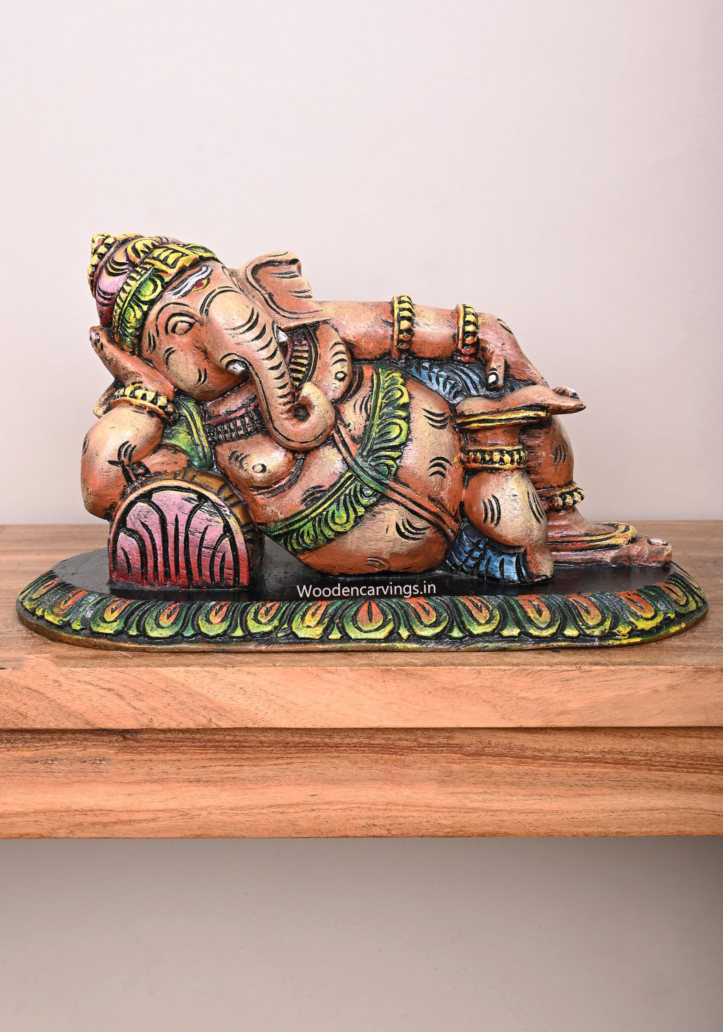 Sleeping Ganesha Colourfully on Pillow Light Weight Prosperity Home Decoration Wooden Wall Mount 15"