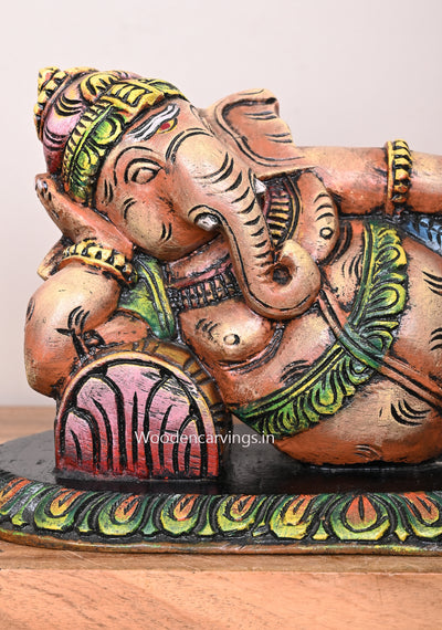Sleeping Ganesha Colourfully on Pillow Light Weight Prosperity Home Decoration Wooden Wall Mount 15"