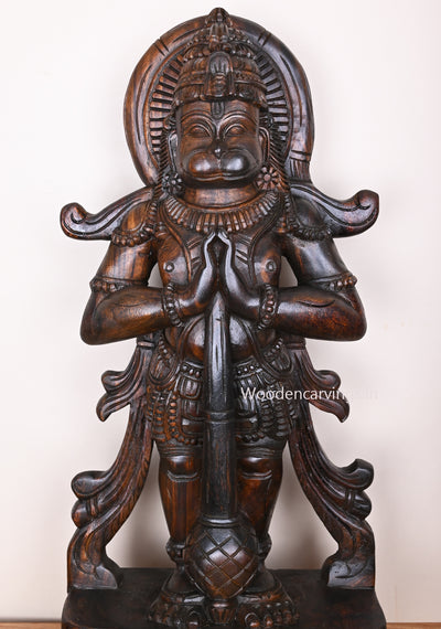 Namaskara Gesture Chiranjivi Hanuman Holding Ayutha Gada Dark Brown Finishing Sculpture 36"