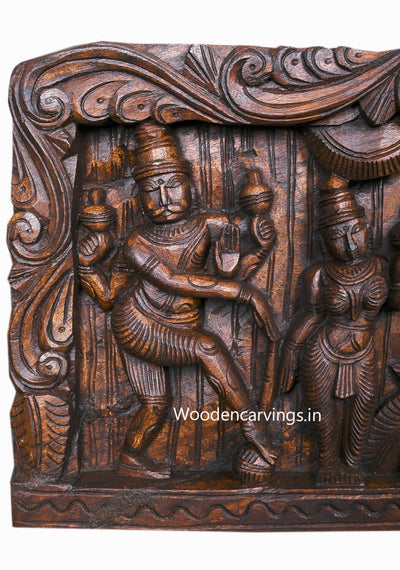 Shree Bakasura Krishna, Dancing on Demon Five Head Snake Kaliya Marthana Wooden Horizontal Panel 48"