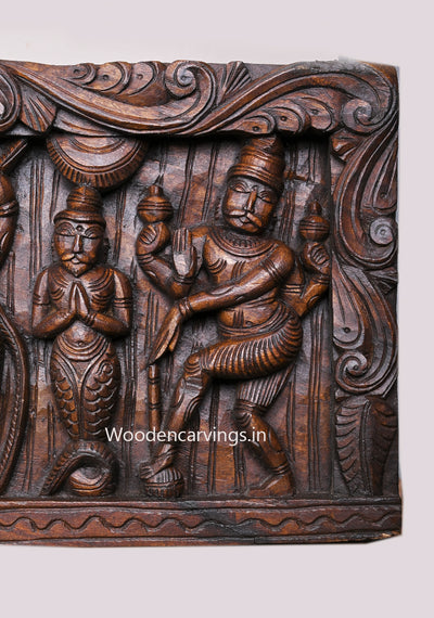 Shree Bakasura Krishna, Dancing on Demon Five Head Snake Kaliya Marthana Wooden Horizontal Panel 48"