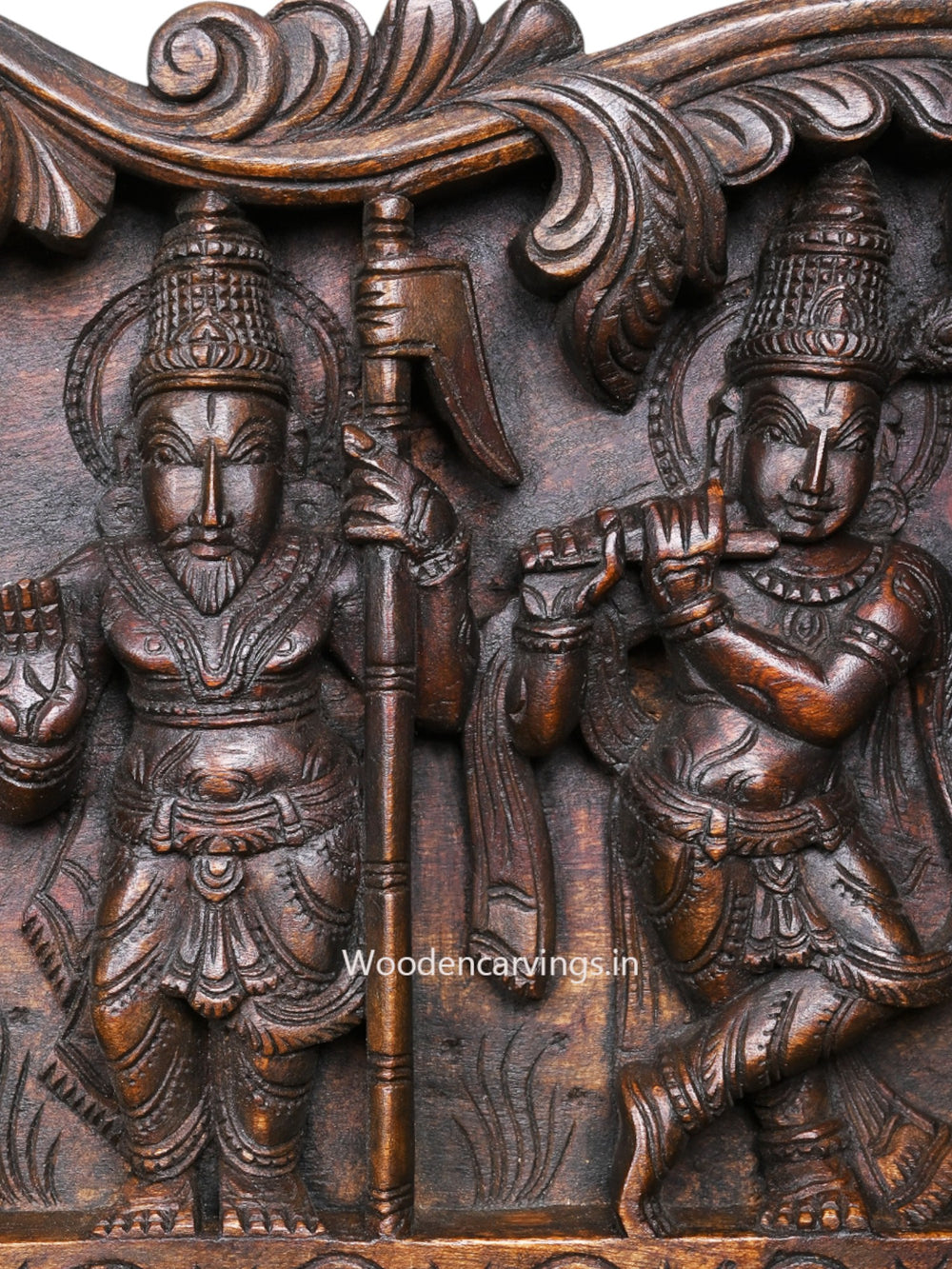 Shree Vishnu Powerful Ten Dasavatars With Standing Bird Hamsa Horizontal Wooden Wax Brown Wall Panel 59"