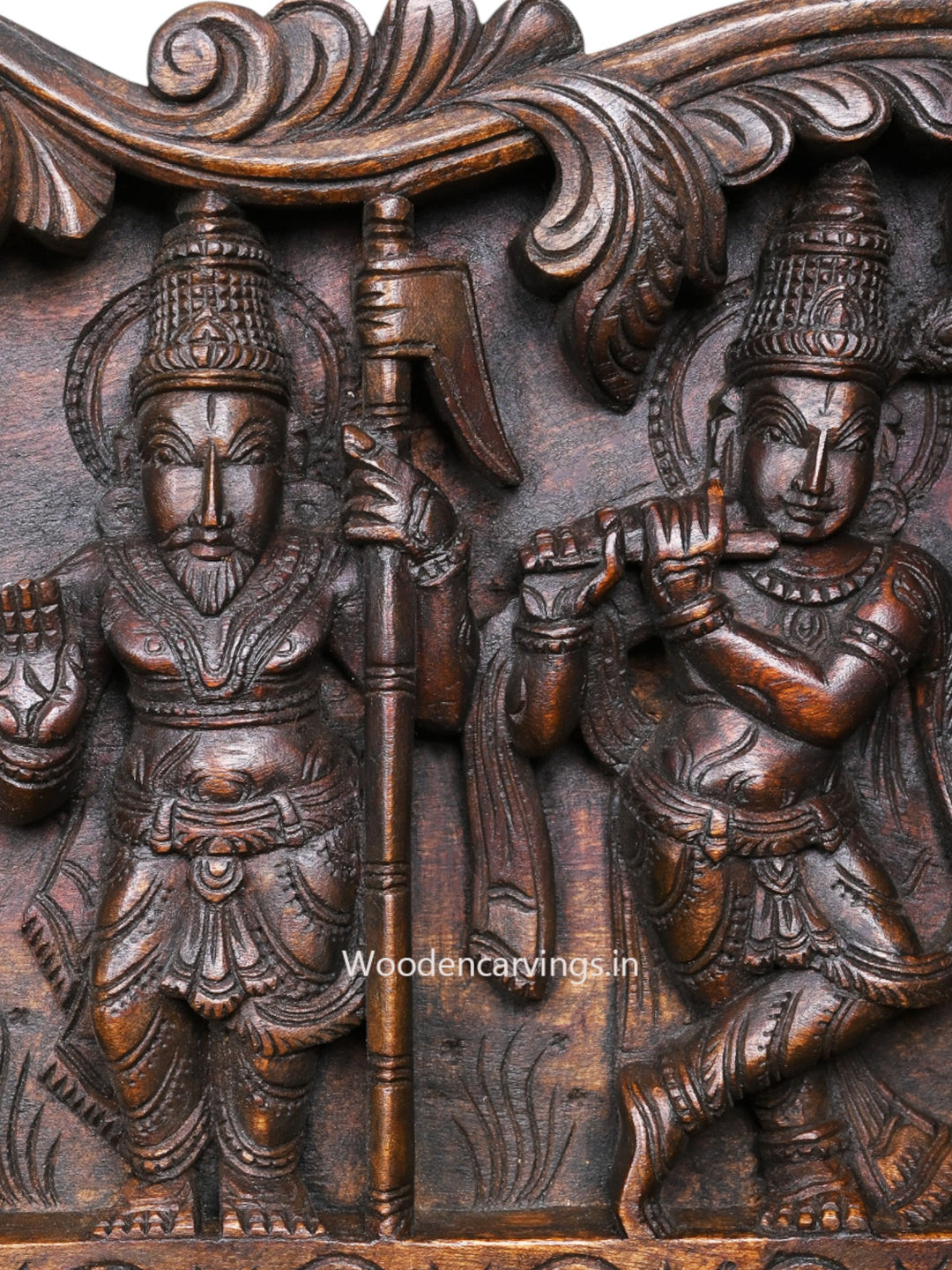 Shree Vishnu Powerful Ten Dasavatars With Standing Bird Hamsa Horizontal Wooden Wax Brown Wall Panel 59"