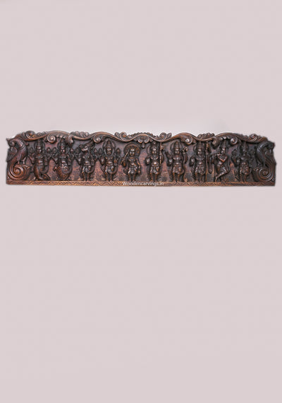 Shree Vishnu Powerful Ten Dasavatars With Standing Bird Hamsa Horizontal Wooden Wax Brown Wall Panel 59"