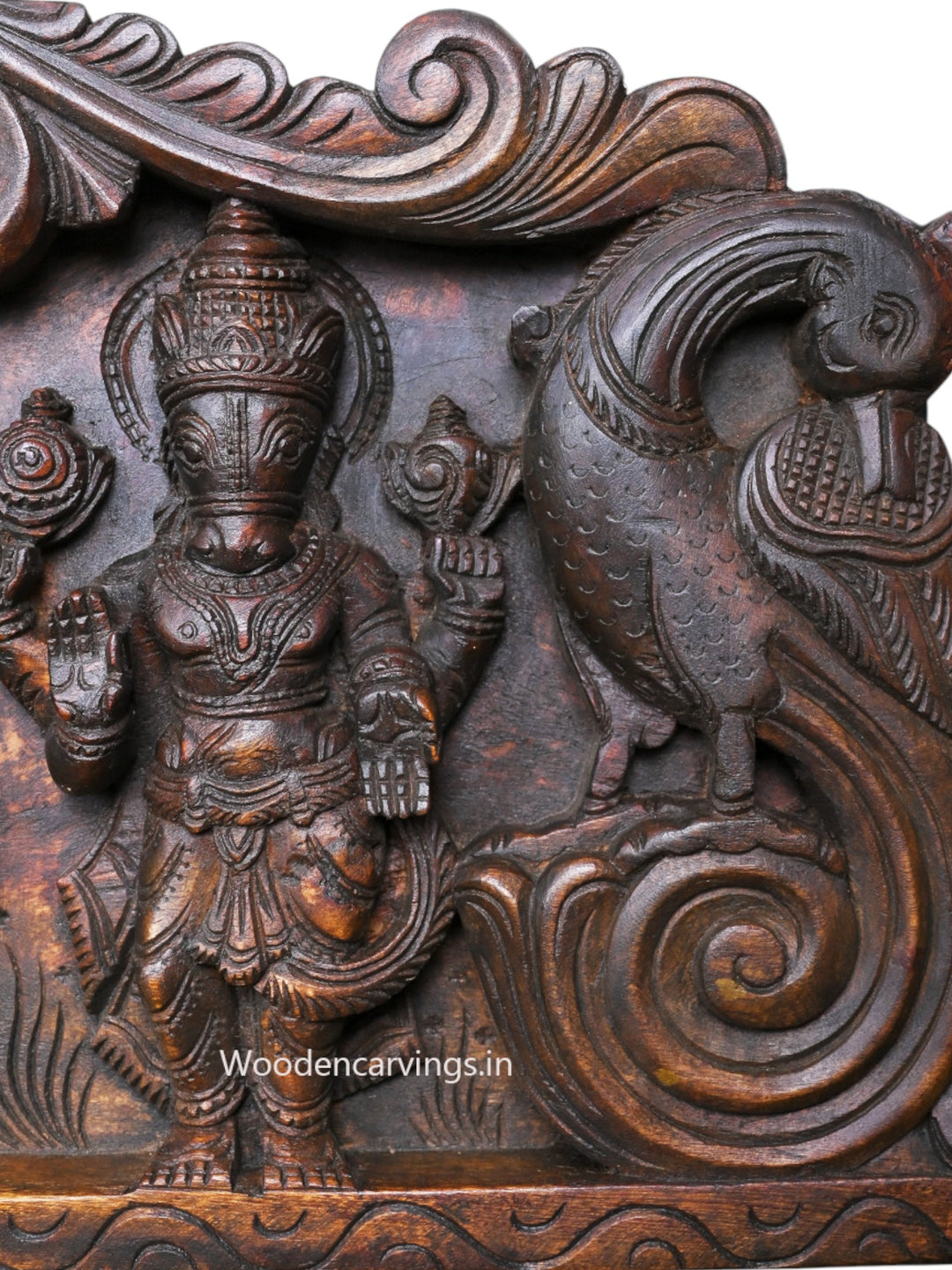 Shree Vishnu Powerful Ten Dasavatars With Standing Bird Hamsa Horizontal Wooden Wax Brown Wall Panel 59"