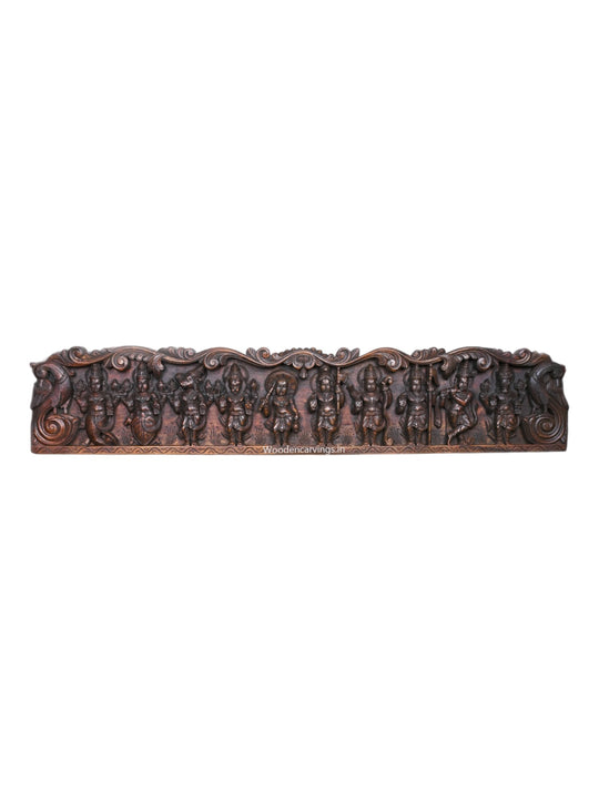 Shree Vishnu Powerful Ten Dasavatars With Standing Bird Hamsa Horizontal Wooden Wax Brown Wall Panel 59"