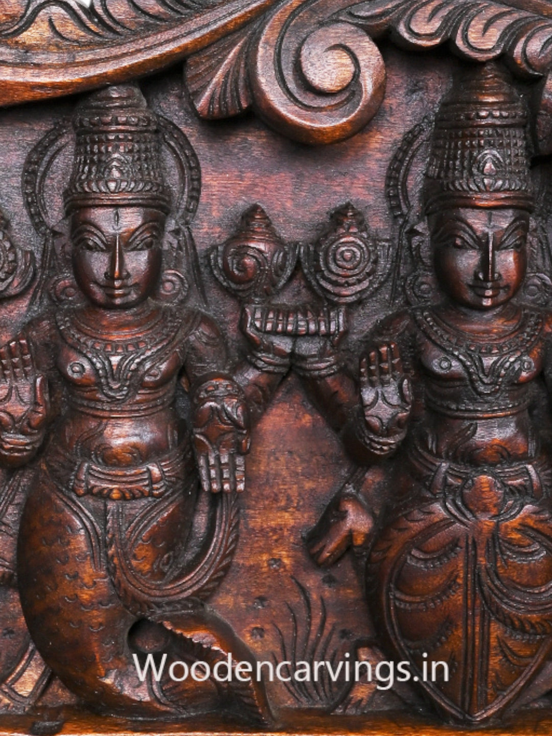 Shree Vishnu Powerful Ten Dasavatars With Standing Bird Hamsa Horizontal Wooden Wax Brown Wall Panel 59"