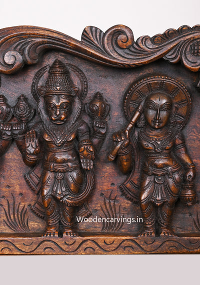 Shree Vishnu Powerful Ten Dasavatars With Standing Bird Hamsa Horizontal Wooden Wax Brown Wall Panel 59"