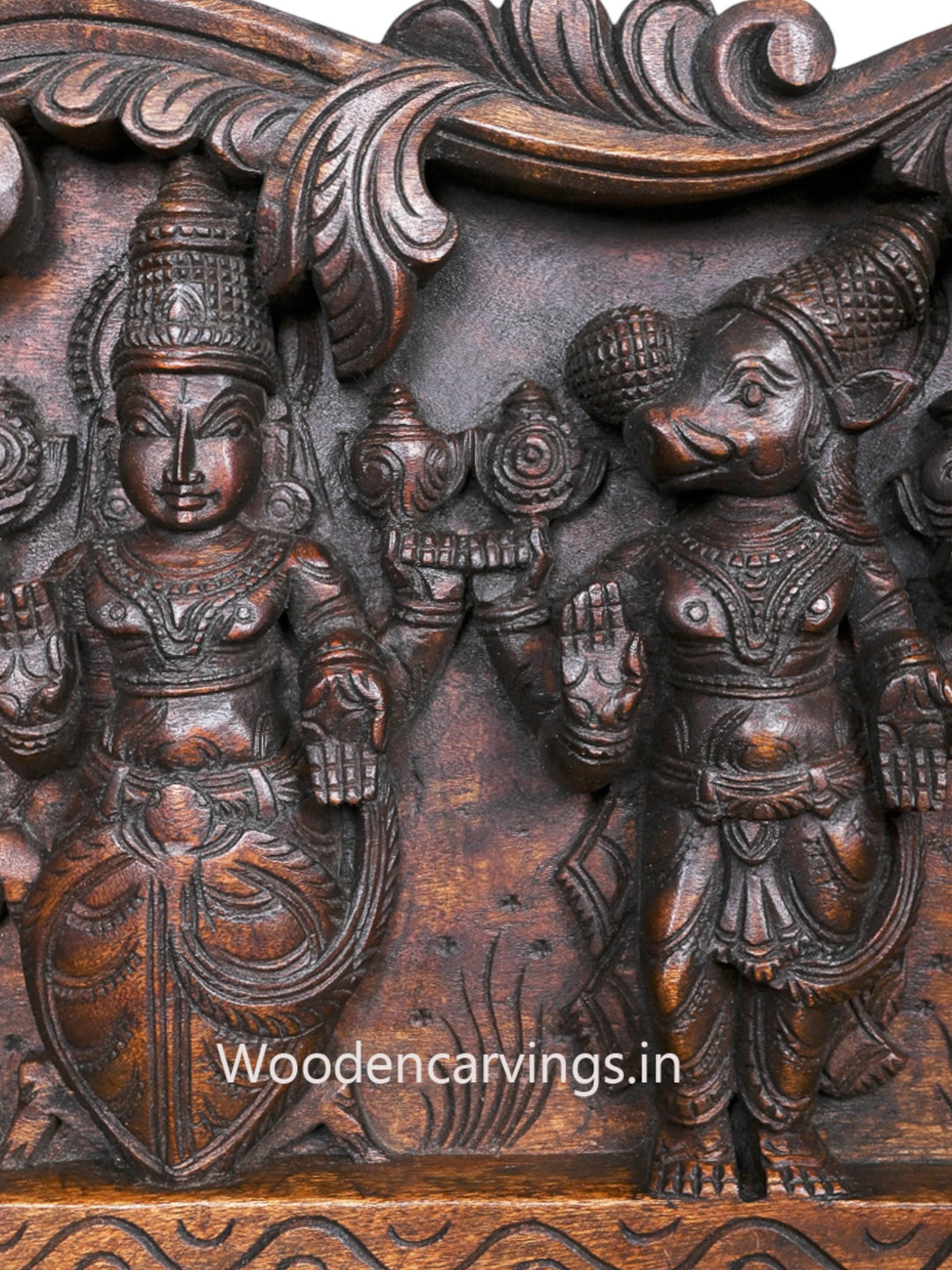 Shree Vishnu Powerful Ten Dasavatars With Standing Bird Hamsa Horizontal Wooden Wax Brown Wall Panel 59"