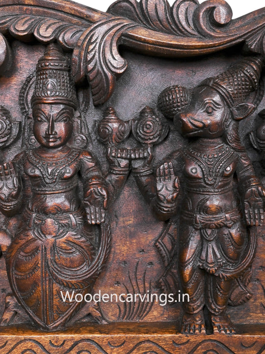 Shree Vishnu Powerful Ten Dasavatars With Standing Bird Hamsa Horizontal Wooden Wax Brown Wall Panel 59"