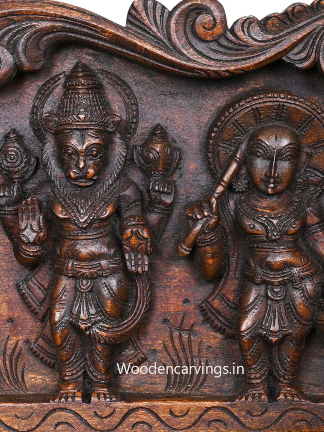 Shree Vishnu Powerful Ten Dasavatars With Standing Bird Hamsa Horizontal Wooden Wax Brown Wall Panel 59"