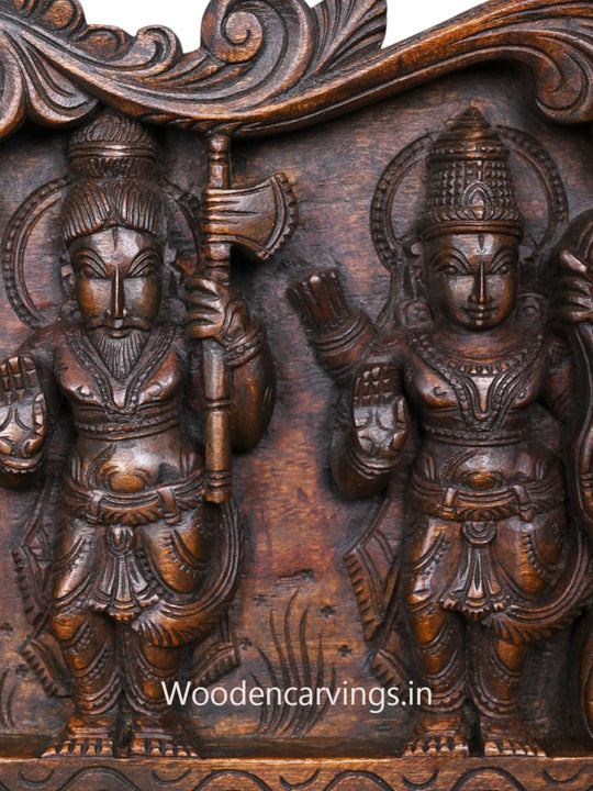 Shree Vishnu Powerful Ten Dasavatars With Standing Bird Hamsa Horizontal Wooden Wax Brown Wall Panel 59"