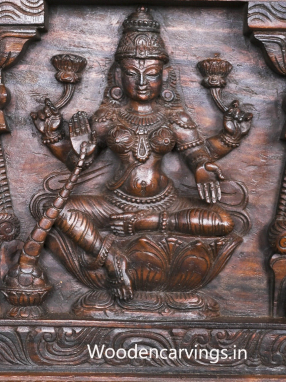 Lord Ganesh, Goddess Lakshmi and Saraswathi wooden Wall Panel 45"