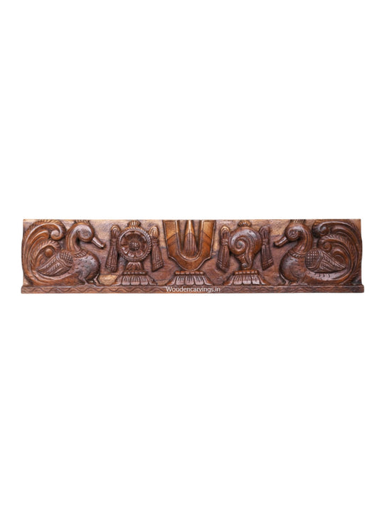 Vaishnava Symbol of Lord Balaji Shank, Ram, Chakra With Standing Annapakshi Wooden Light Weight Wall Panel 24"