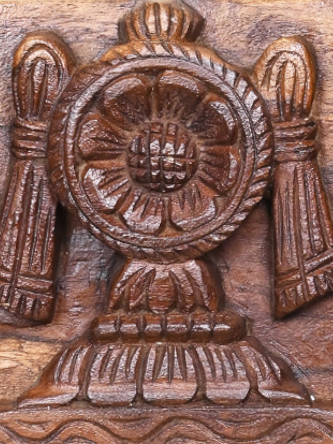 Vaishnava Symbol of Lord Balaji Shank, Ram, Chakra With Standing Annapakshi Wooden Light Weight Wall Panel 24"