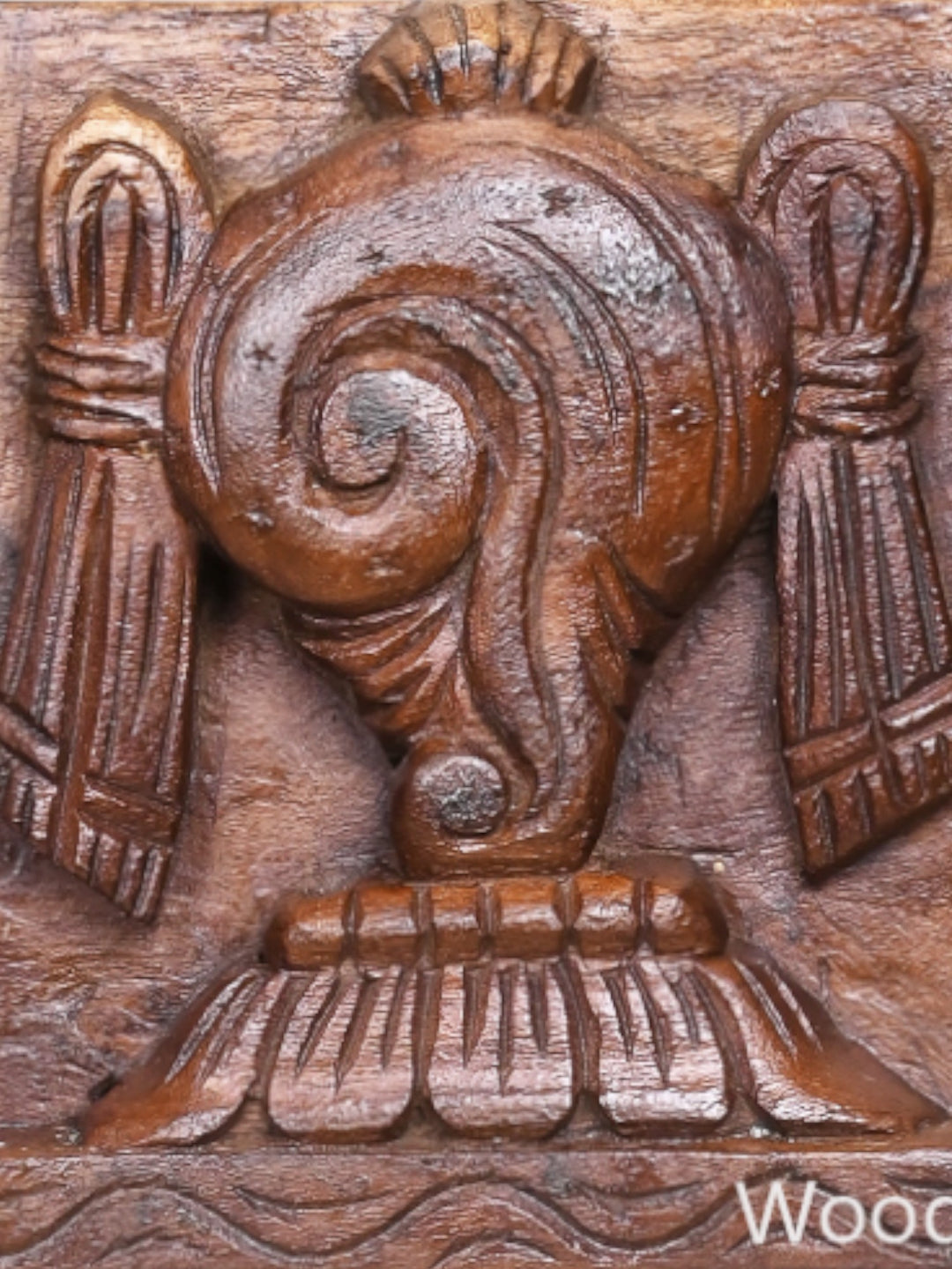 Vaishnava Symbol of Lord Balaji Shank, Ram, Chakra With Standing Annapakshi Wooden Light Weight Wall Panel 24"