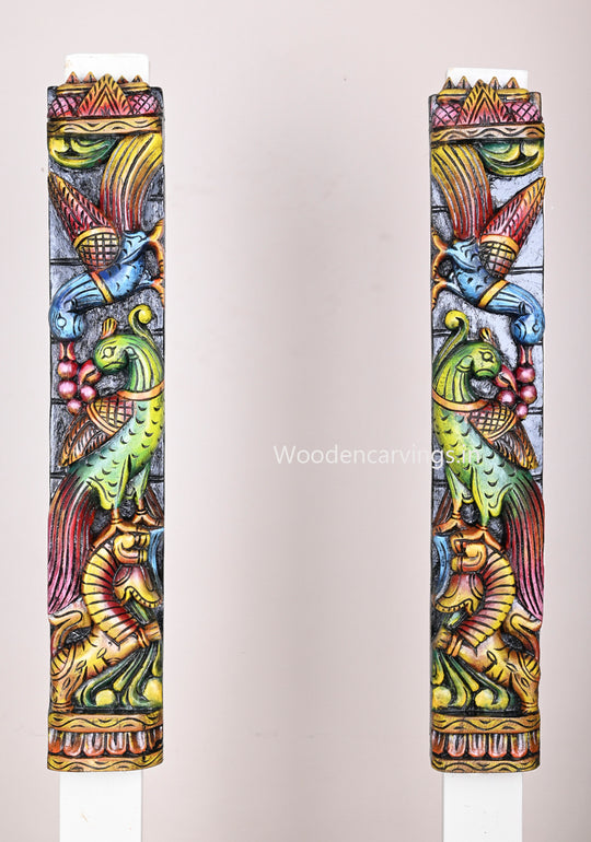 Handcrafted Colourful Hanging Parrots Wooden Wall Mount 24"