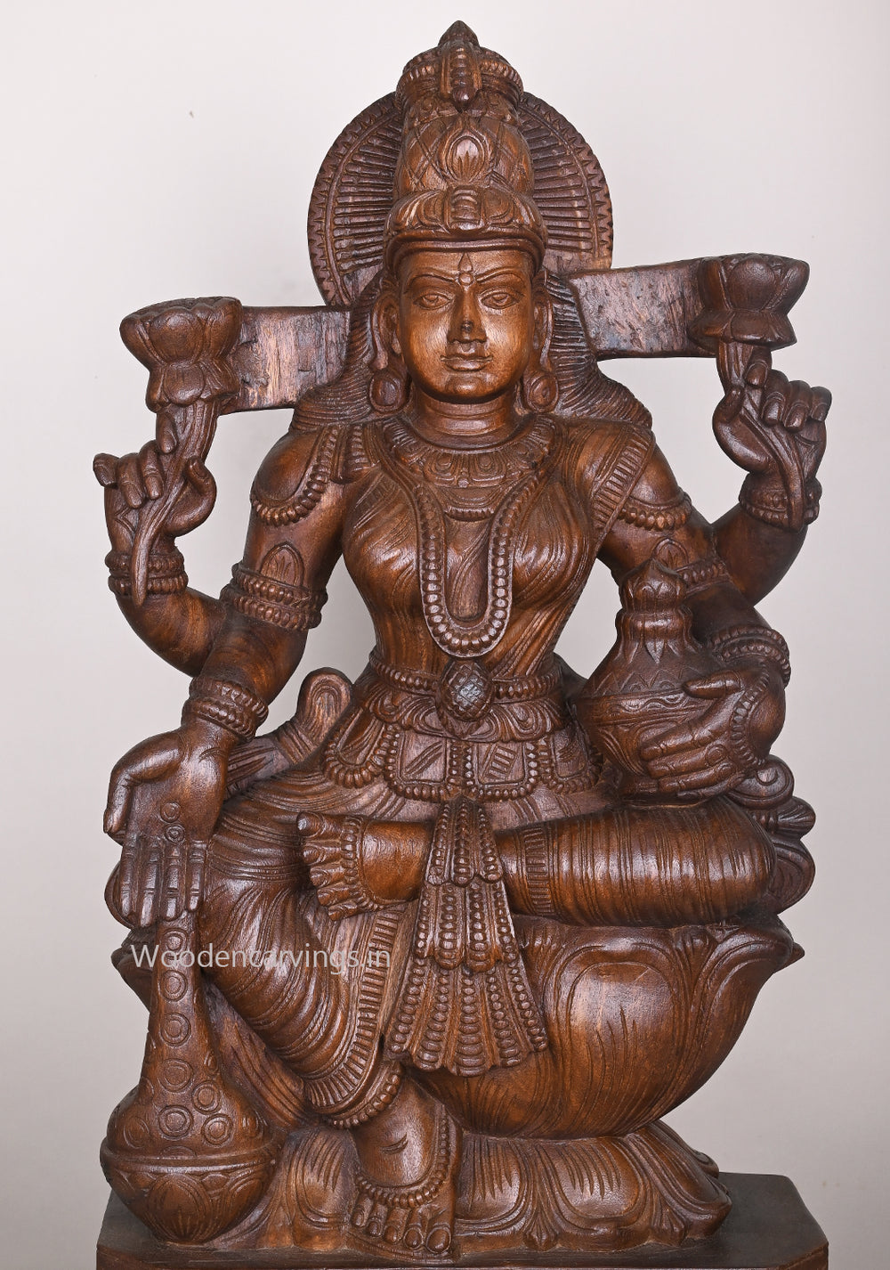 Uma Devi Shri Goddess MahaLakshmi Holding Money Pot Wooden Handcrafted Sculpture 36"