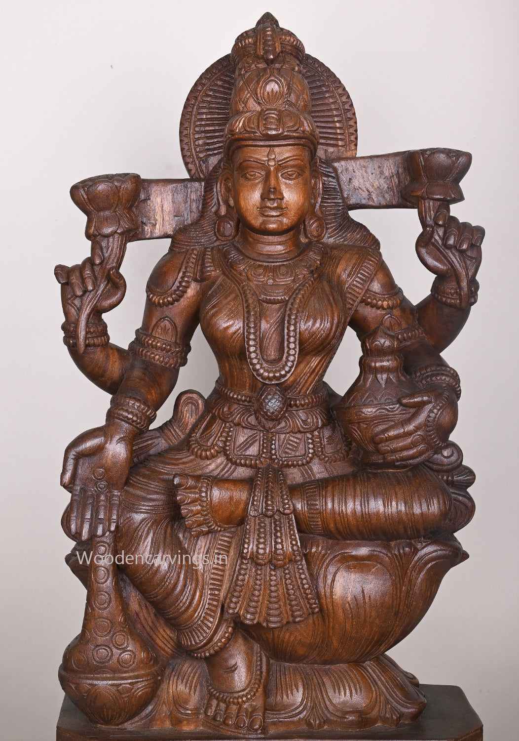 Uma Devi Shri Goddess MahaLakshmi Holding Money Pot Wooden Handcrafted Sculpture 36"