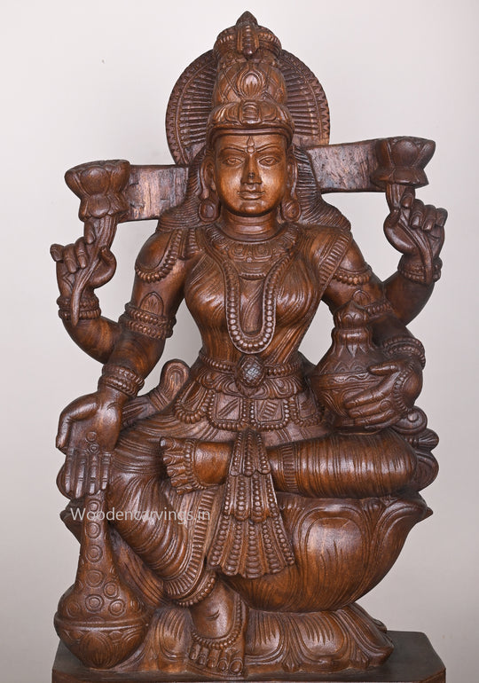 Uma Devi Shri Goddess MahaLakshmi Holding Money Pot Wooden Handcrafted Sculpture 36"