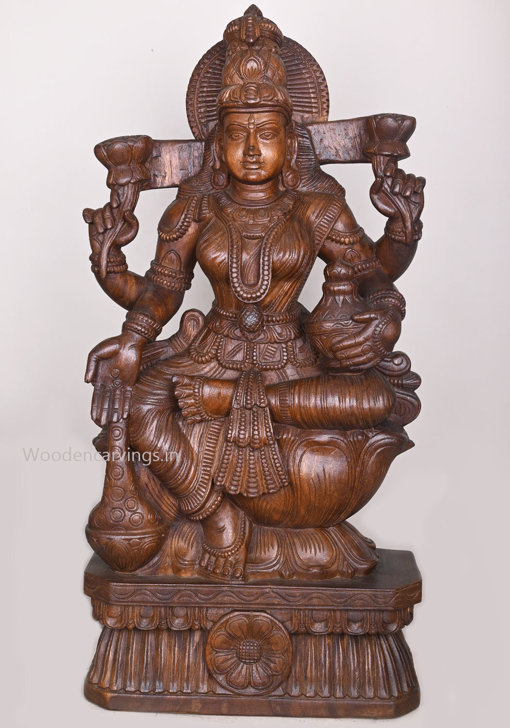 Uma Devi Shri Goddess MahaLakshmi Holding Money Pot Wooden Handcrafted Sculpture 36"