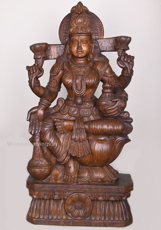 Uma Devi Shri Goddess MahaLakshmi Holding Money Pot Wooden Handcrafted Sculpture 36"