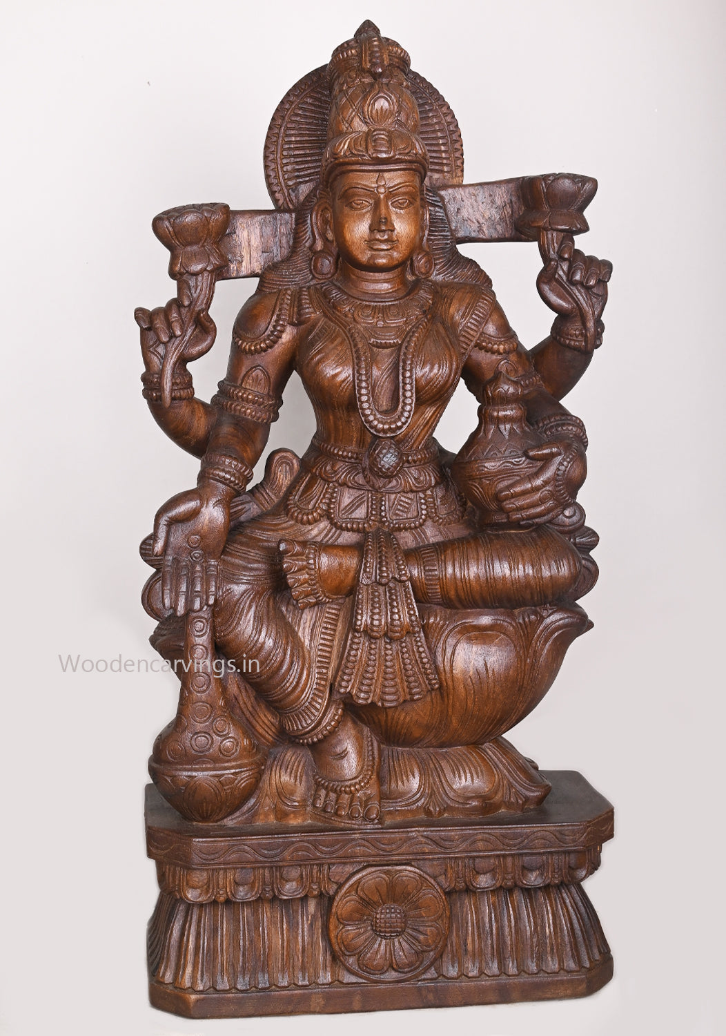Uma Devi Shri Goddess MahaLakshmi Holding Money Pot Wooden Handcrafted Sculpture 36"