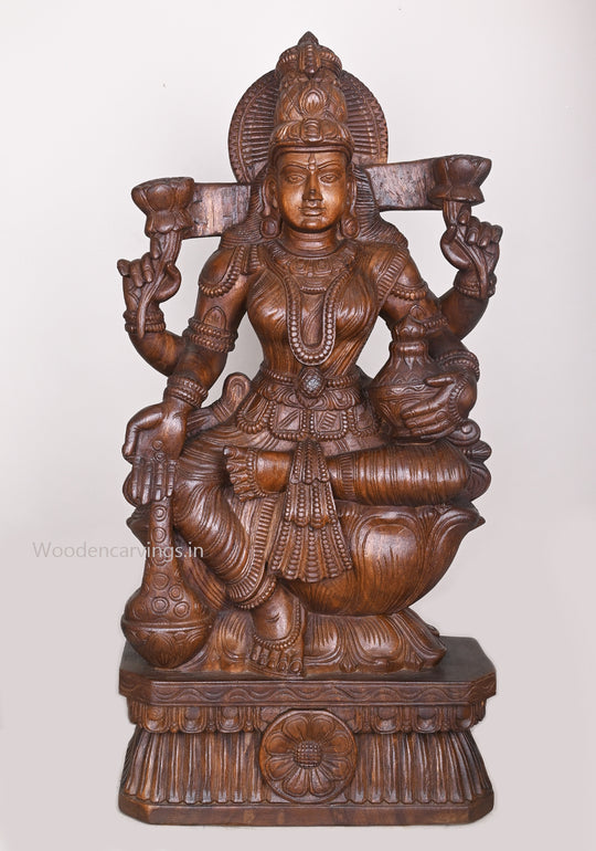 Uma Devi Shri Goddess MahaLakshmi Holding Money Pot Wooden Handcrafted Sculpture 36"
