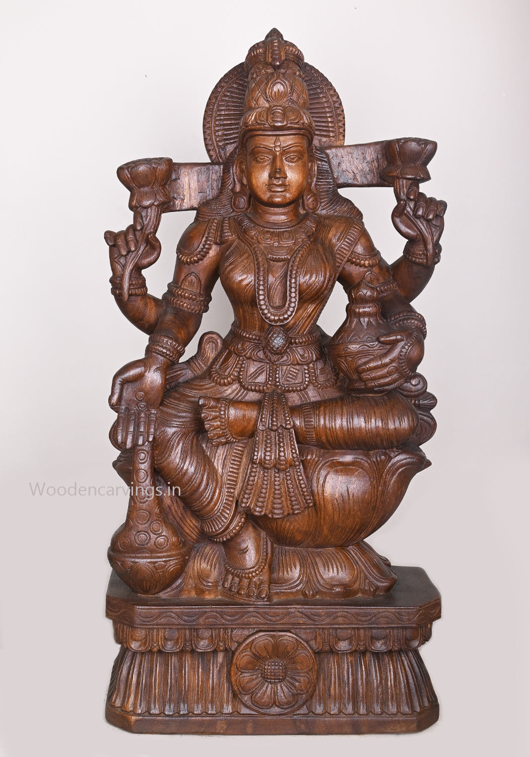 Uma Devi Shri Goddess MahaLakshmi Holding Money Pot Wooden Handcrafted Sculpture 36"