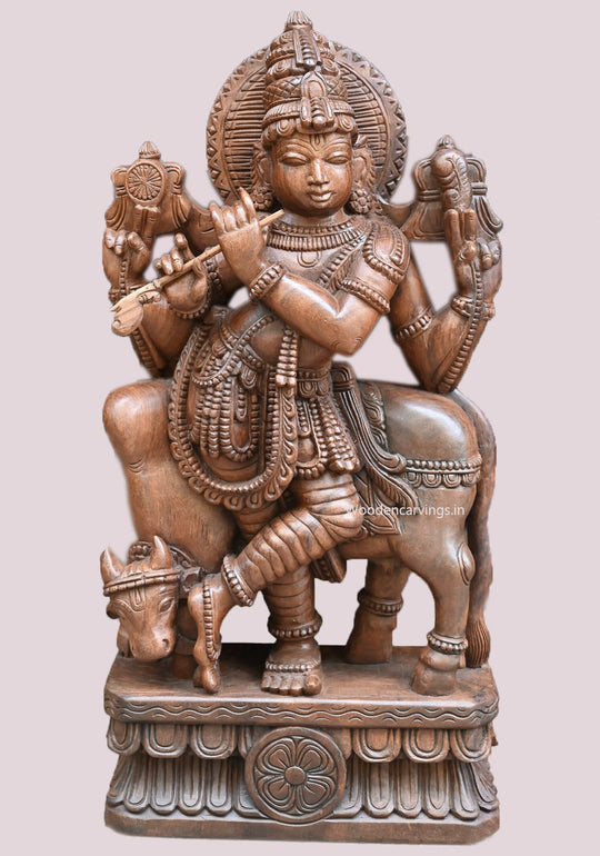 Fluting Shri Gopal Krishna Standing  Wooden Home Decor Sculpture 36"