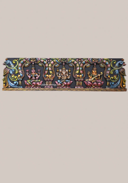 Lord Ganesh, Lakshmi & Saraswati Petal Design Wood Panel - 45"