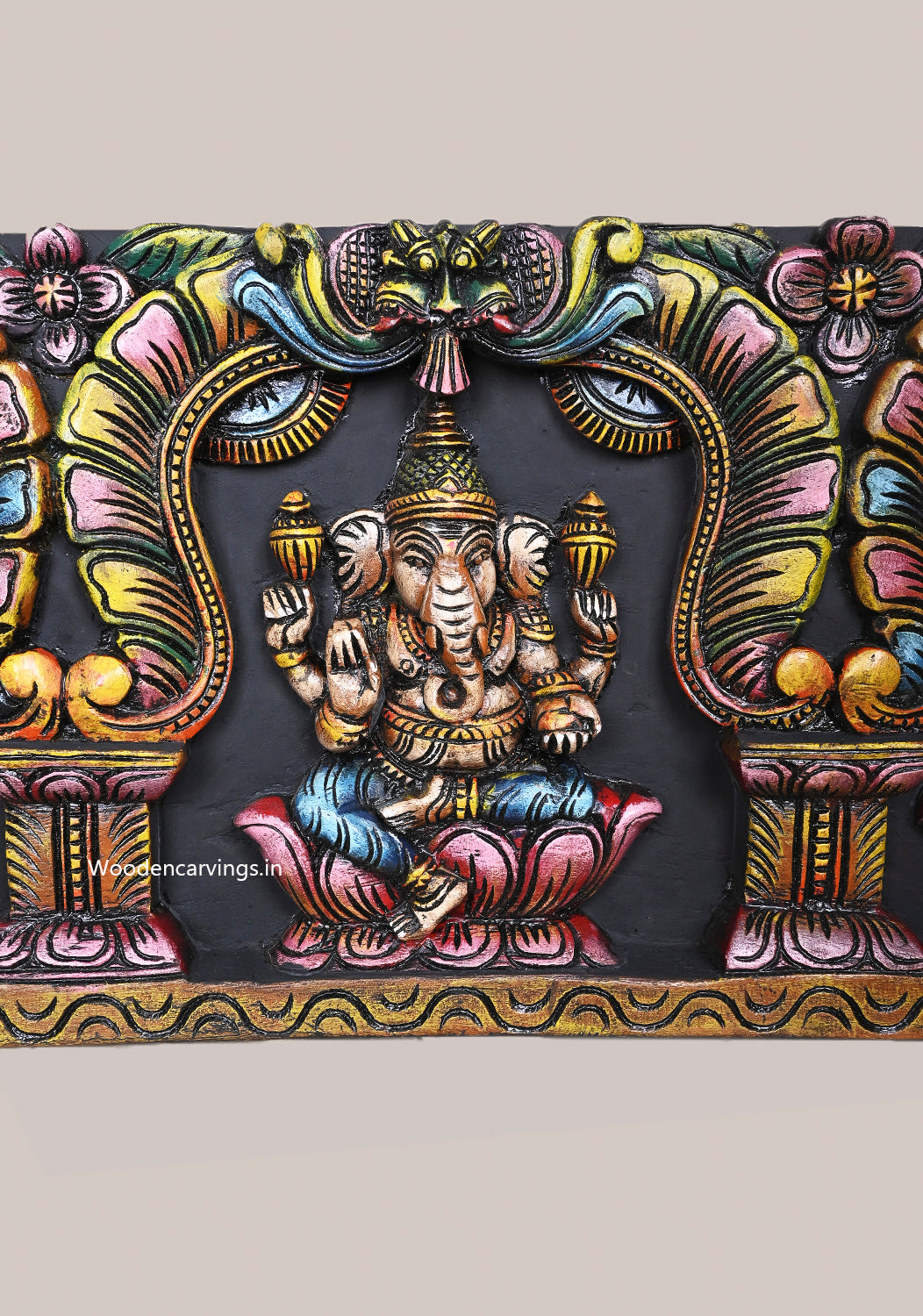 Lord Ganesh, Lakshmi & Saraswati Petal Design Wood Panel - 45"