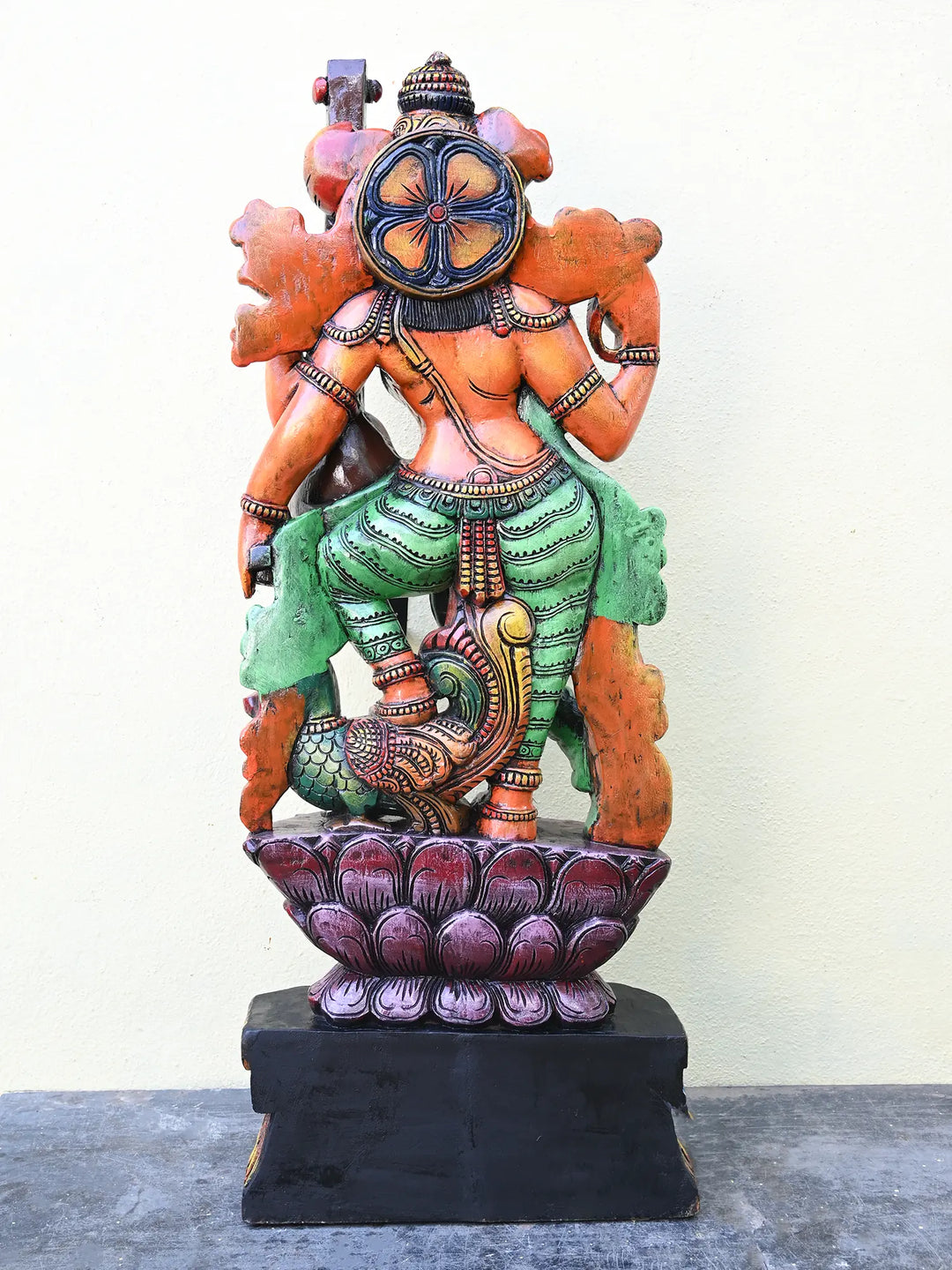 Playing With White Veena Goddess Saraswathi on Green Bird Hamsa (Annapakshi) With Petal Lotus Wooden Sculpture 49"