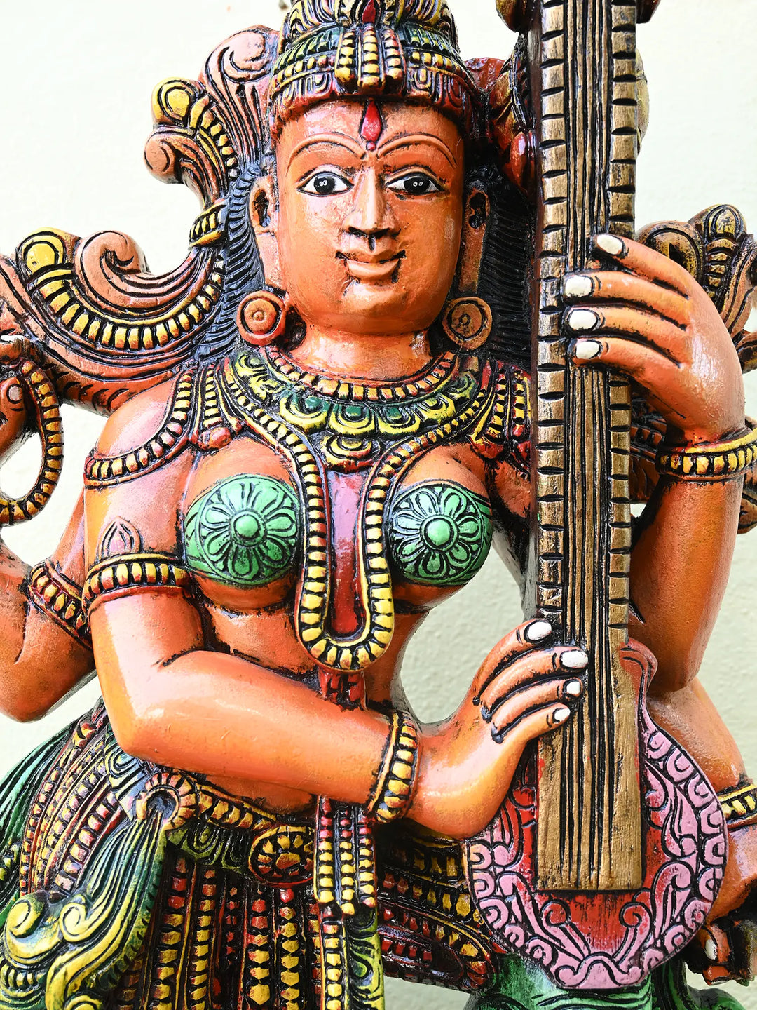 Playing With White Veena Goddess Saraswathi on Green Bird Hamsa (Annapakshi) With Petal Lotus Wooden Sculpture 49"