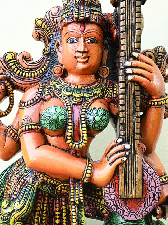 Playing With White Veena Goddess Saraswathi on Green Bird Hamsa (Annapakshi) With Petal Lotus Wooden Sculpture 49"