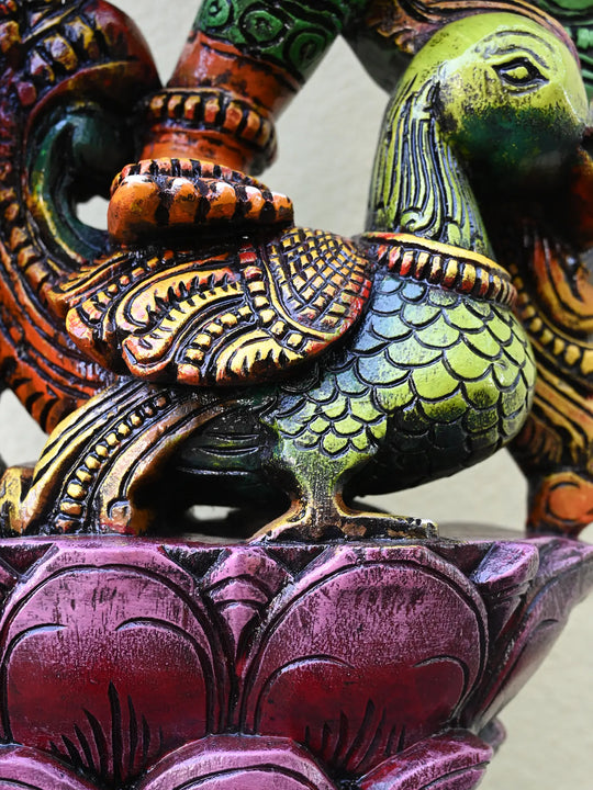 Playing With White Veena Goddess Saraswathi on Green Bird Hamsa (Annapakshi) With Petal Lotus Wooden Sculpture 49"