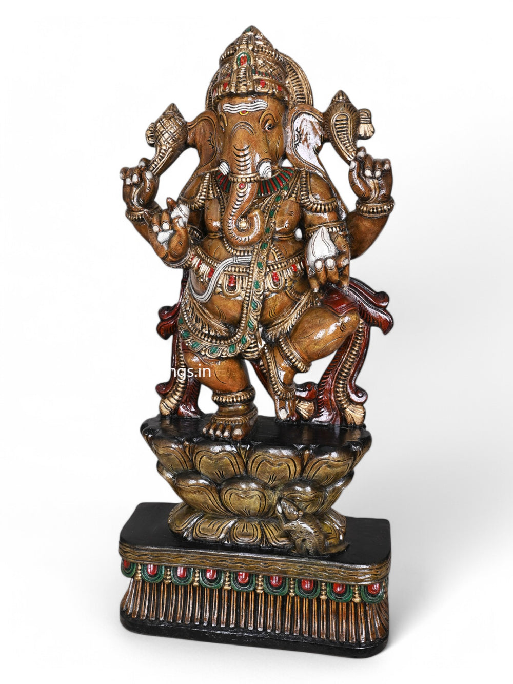 Shri Maha Ganapathy Dancing On Double Petal Grey Lotus wooden 42"