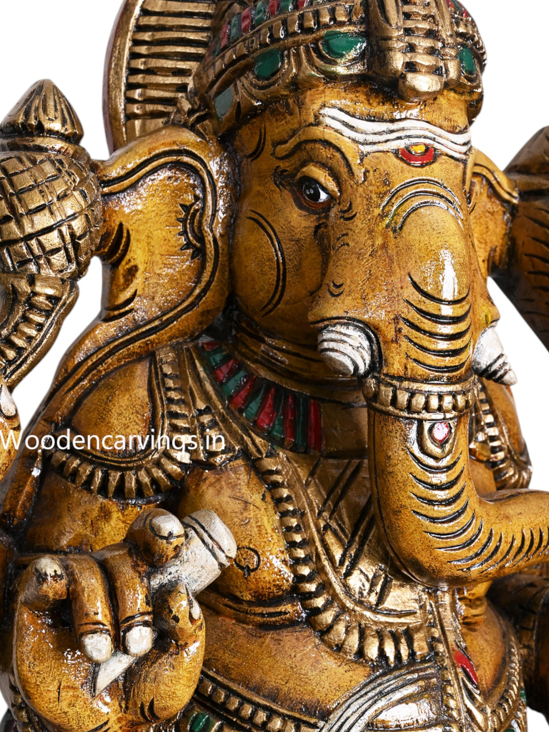 36" Shri Shubha Mangala Yellow Finished  Standing Four Armed Ganapathy Eating White Mothak Handcrafted Sculpture 36"