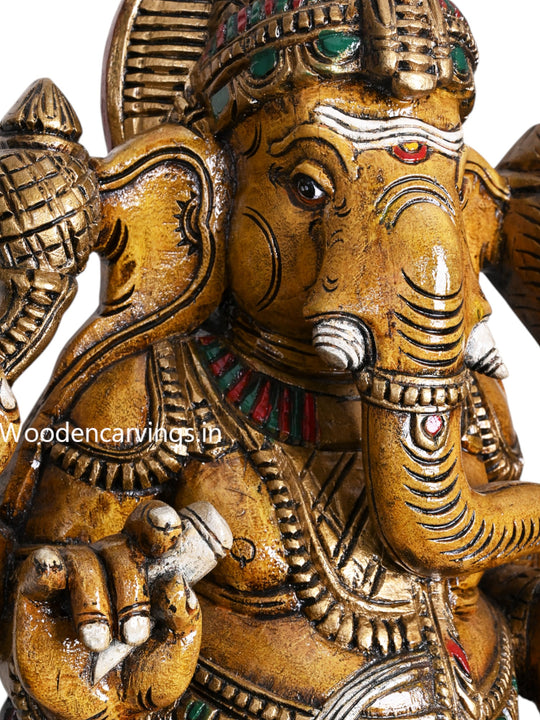 36" Shri Shubha Mangala Yellow Finished  Standing Four Armed Ganapathy Eating White Mothak Handcrafted Sculpture 36"