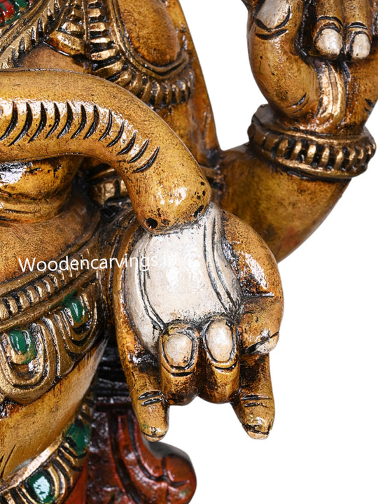 36" Shri Shubha Mangala Yellow Finished  Standing Four Armed Ganapathy Eating White Mothak Handcrafted Sculpture 36"