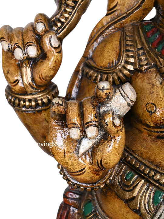 36" Shri Shubha Mangala Yellow Finished  Standing Four Armed Ganapathy Eating White Mothak Handcrafted Sculpture 36"