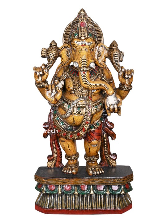 36" Shri Shubha Mangala Yellow Finished  Standing Four Armed Ganapathy Eating White Mothak Handcrafted Sculpture 36"
